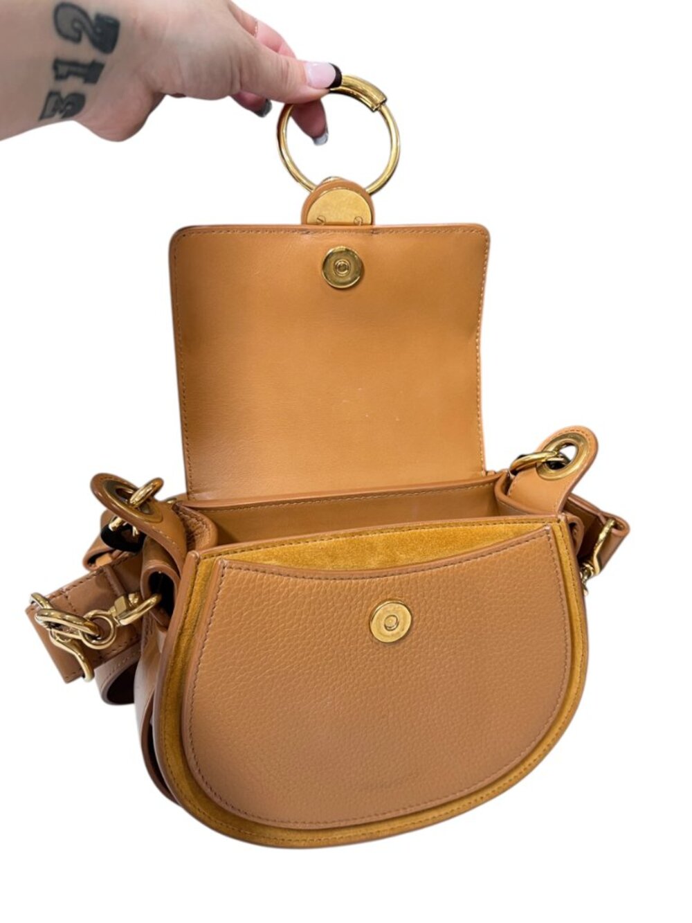 $2090 Chloe Camel Brown Suede Small Tess Gold Handbag Boho Crossbody - Picture 9 of 16